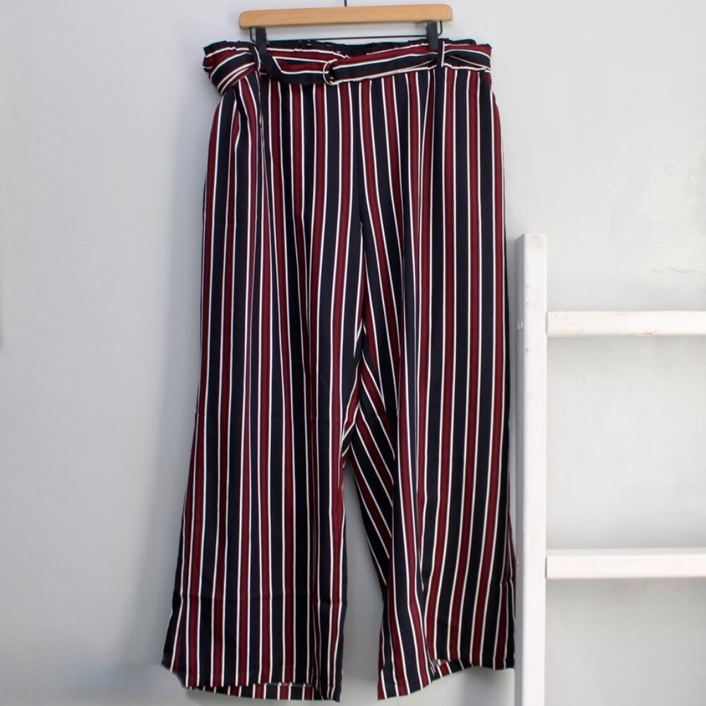 New Look Navy Blue Red Striped Wide Leg Pants with Belt Size 3X NWT